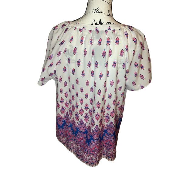 Talbots Women Size X Blouse Blue Pink Floral Shirt Top Light Weight Comfort - Picture 7 of 13